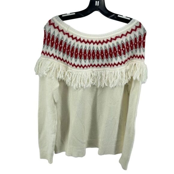 LOFT Outlet Womens Pullover Sweater Fair Isle Fringe Acrylic Wool Red Large - Picture 8 of 8